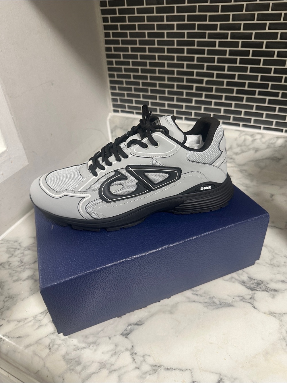 Dior Men’s Light Gray and Black Mesh Leather Sneaker